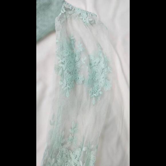 Chic Mint Green Smocked Crop Top with Sheer Sleeves Size Medium - Picture 6 of 8